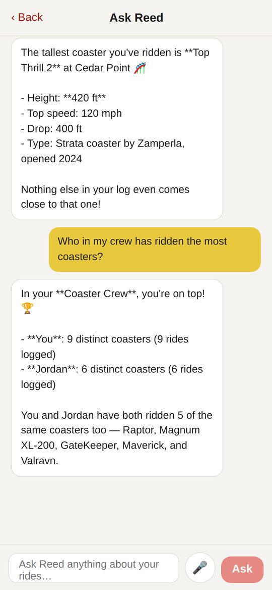 Ask Reed answering questions about tallest coaster and crew standings