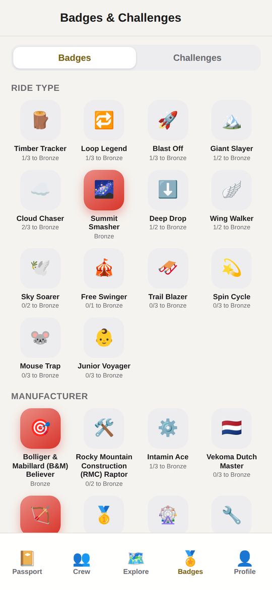 Badges and challenges screen