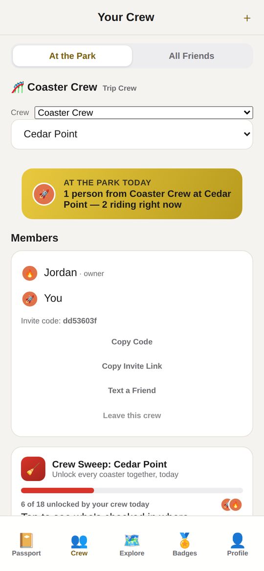 Crew screen showing who is at the park today