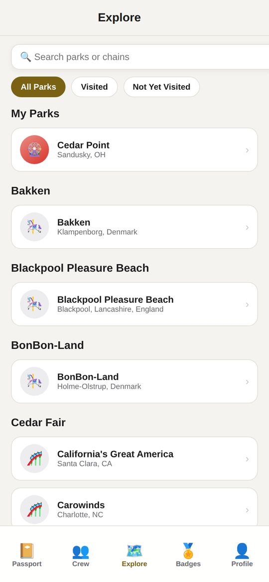 Explore screen listing parks