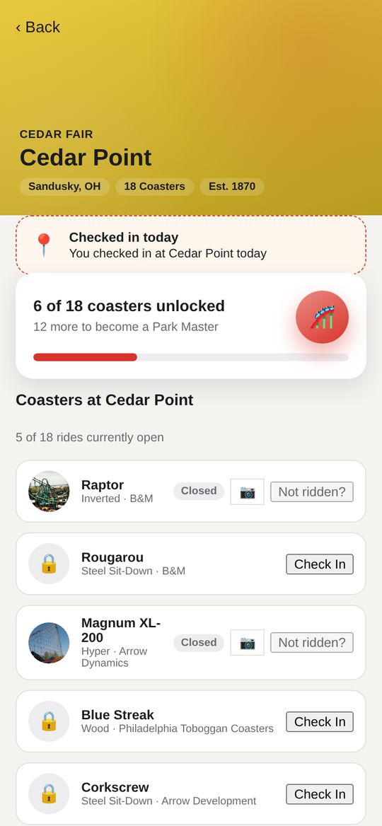 Cedar Point ride list with wait times and check-in buttons