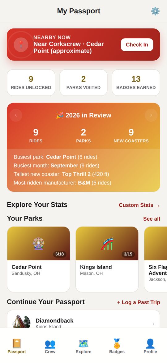 Passport screen with ride totals and 2026 in Review