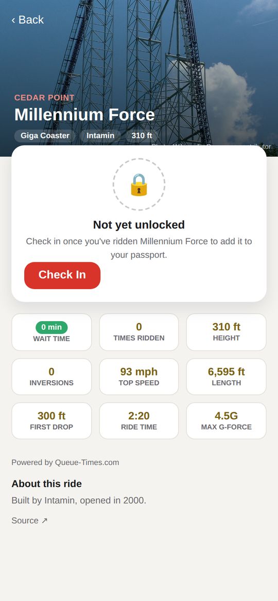 Millennium Force ride page with live wait time and stats