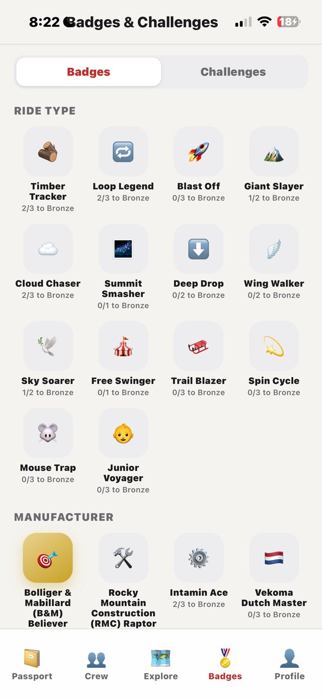 Badges grid showing ride type and manufacturer progress