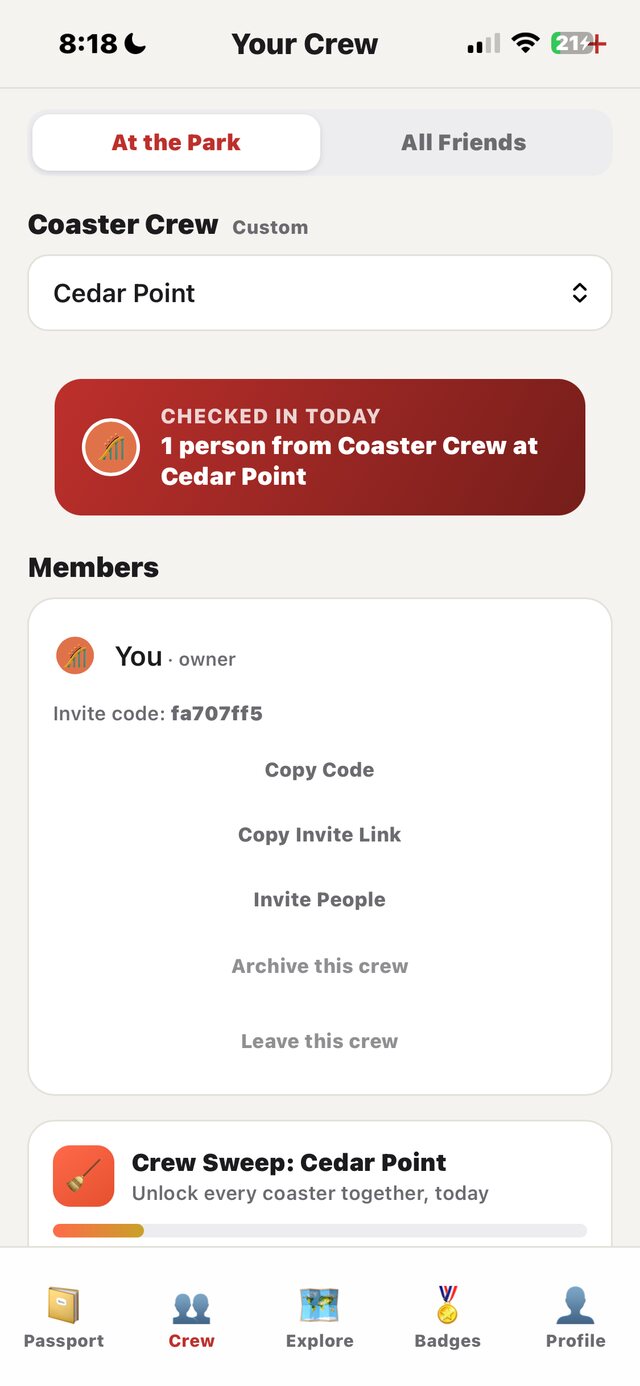Crew Sweep progress at Cedar Point with a shareable invite code