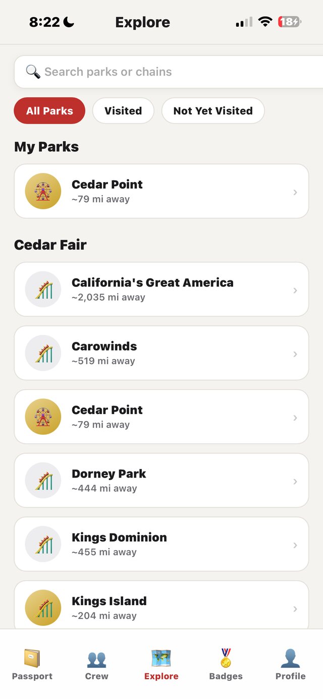 Explore screen listing parks grouped by operator with a search bar