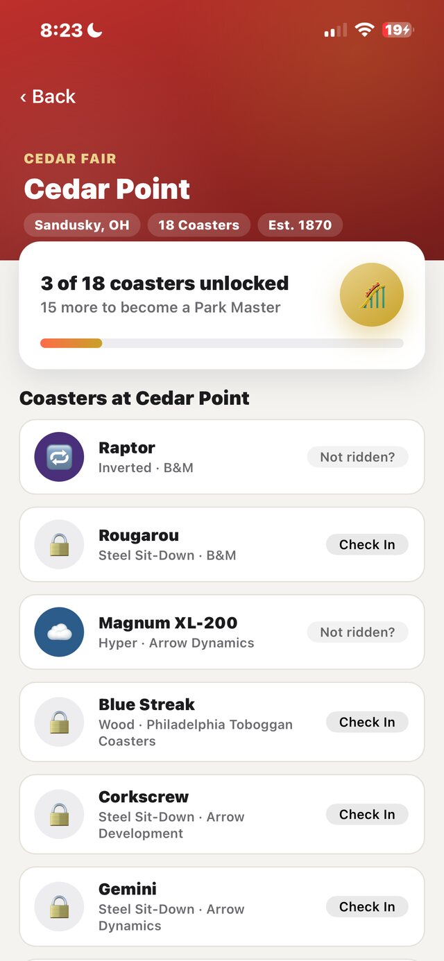Cedar Point ride list with lock icons and Check In buttons