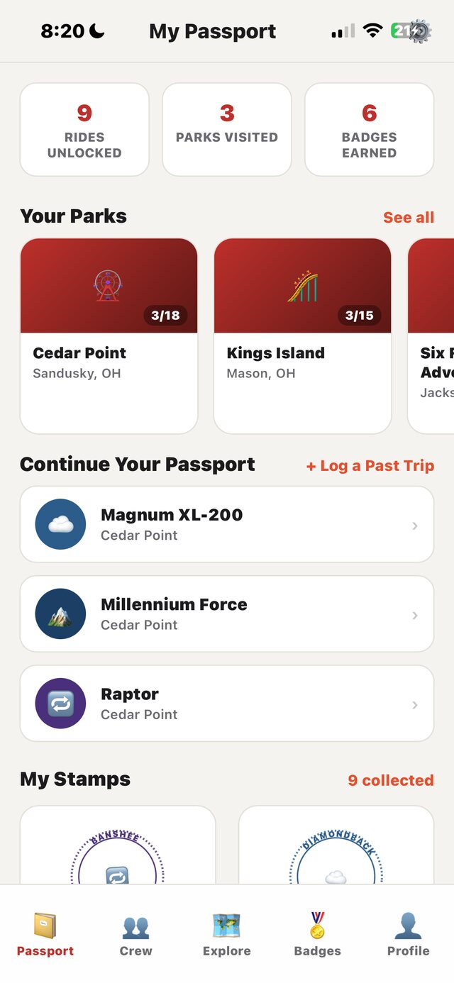The Reed Rides Passport screen showing rides unlocked, parks visited, badges earned, and collected stamps