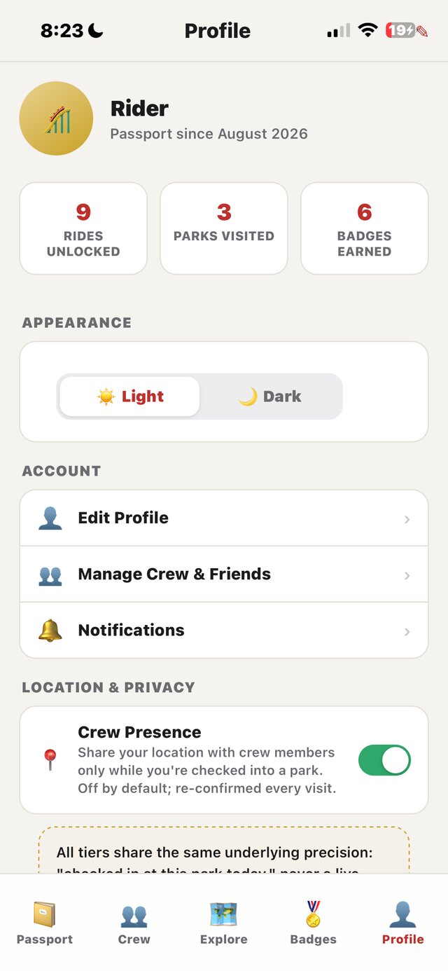 Profile screen showing the Crew Presence privacy toggle and appearance settings